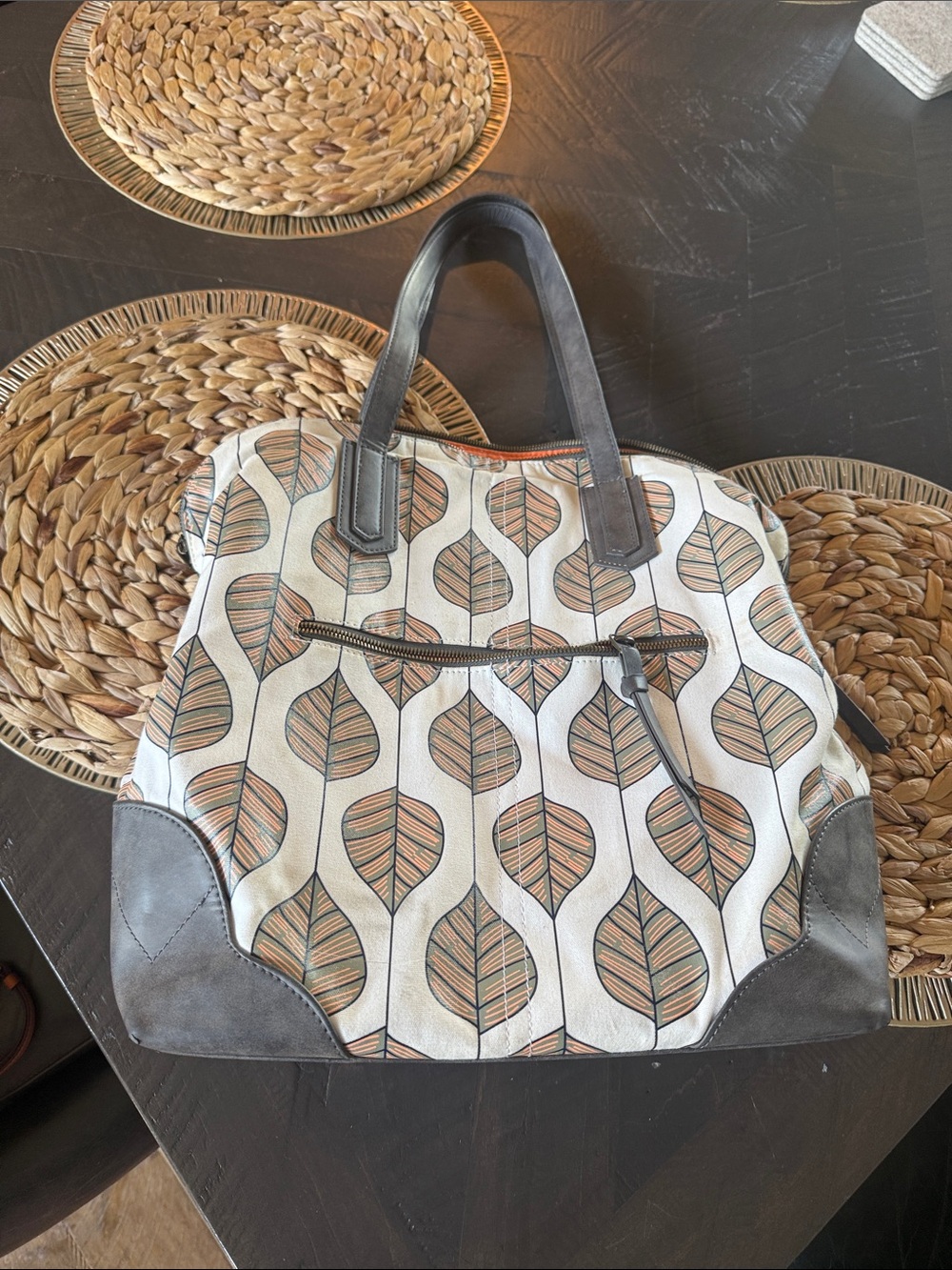 pistil Canvas Tote with Leaf Print in Cream, Brown and Tan